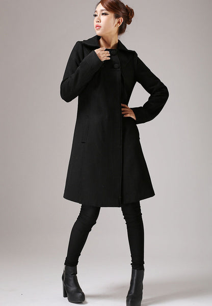 Black Wool Coat – Minimalist Double-Breasted Vintage Winter Overcoat 754