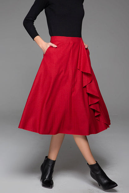Wine Red Wool Midi Skirt - Floral Lace Detail with Side Pockets 1431
