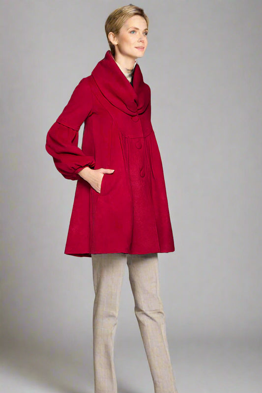 Red Wool Blend Coat – Handmade Oversized Collar Vintage Winter Elegance 1426
