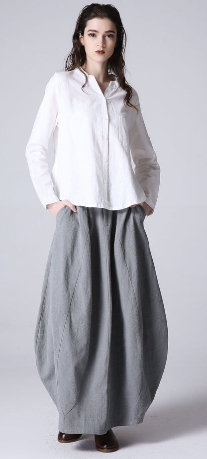 Light Grey Linen Bubble Skirt - Pleated Midi with Pockets 1192