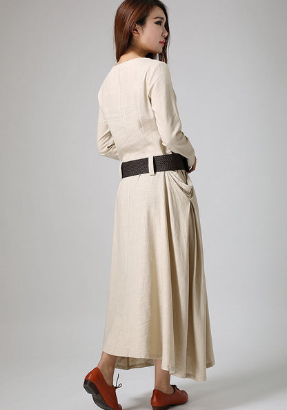Cream Linen Maxi Dress - Two Large Pockets with Belt Detail 889