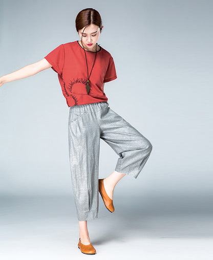 Gray Linen Cotton Casual Pants - Elastic Waist, Above Ankle Fit 2602
