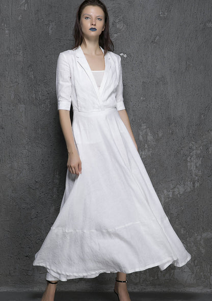 White Linen Maxi Dress - Big Collar, 3/4 Sleeve 1326