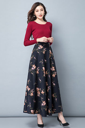 Black Floral Linen Skirt - High Waist A-Line Maxi Skirt 4111