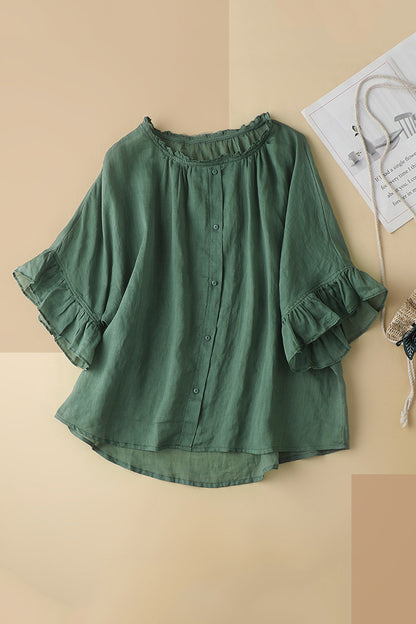 Green Linen Button-Up Top - Half Sleeve V-Neck | Xiaolizi 3646