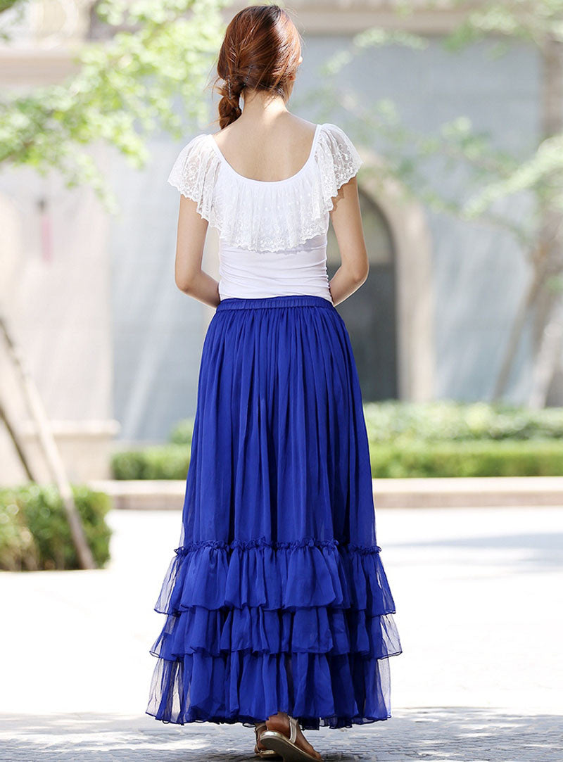 Blue long skirt women skirts maxi chiffon skirt tiered skirt 1018#