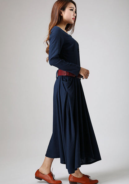 Blue Linen Maxi Dress - Belted A-Line Long Sleeve | Xiaolizi 890