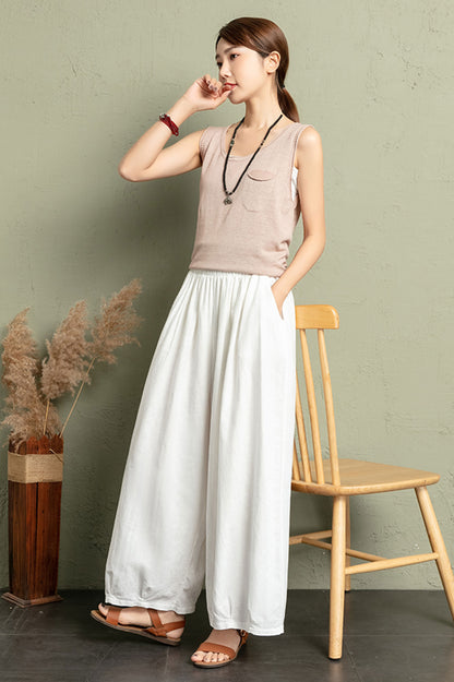 Linen Wide Leg Pants Women - High Waist Elastic | Xiaolizi 3406