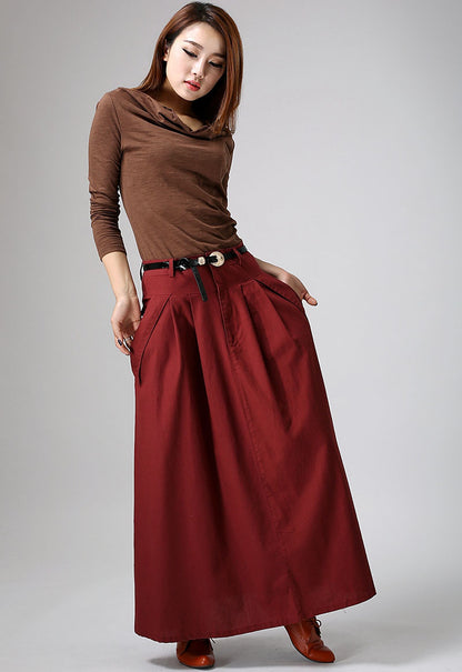 Red Linen Blend Maxi Skirt - Pleated Waist with Flap Pockets 901