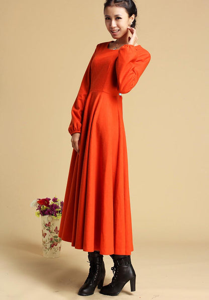 Wool Maxi Dress – Vintage Long Sleeve Dress for Women | Xiaolizi 323