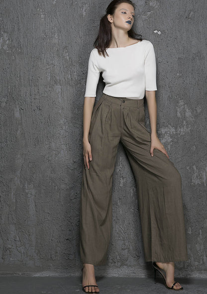 Dark Khaki Linen Cotton Palazzo Pants - Wide Leg Ankle | Xiaolizi 1337
