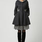 Dark Grey Wool and Houndstooth Fabric Midi Coat with Hood 1113