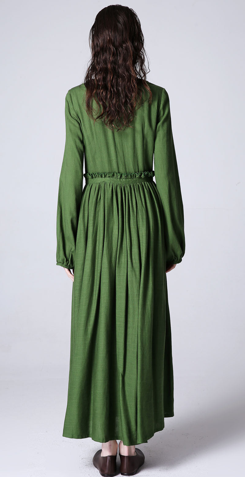 Forest Green Linen Maxi Dress Long Sleeve Formal Gown | Xiaolizi Forest Green Linen Maxi Dress Long Sleeve Formal Gown | Xiaolizi