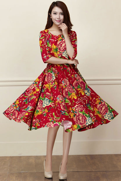 Peony Print Linen Midi Dress - High Waist Pleated Swing | Xiaolizi 3421