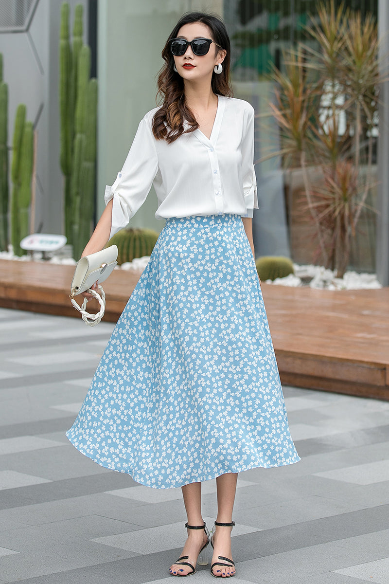 Floral A Line High Waist Midi Pleated Handmade Skirt 3534