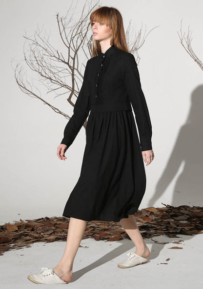 Black Linen Midi Shirt Dress - Pleated Front, Regular Fit 1163