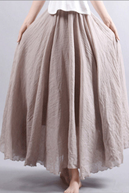 Beige Linen Cotton Maxi Skirt - Elastic Waist, Flowy Bohemian Style 2718