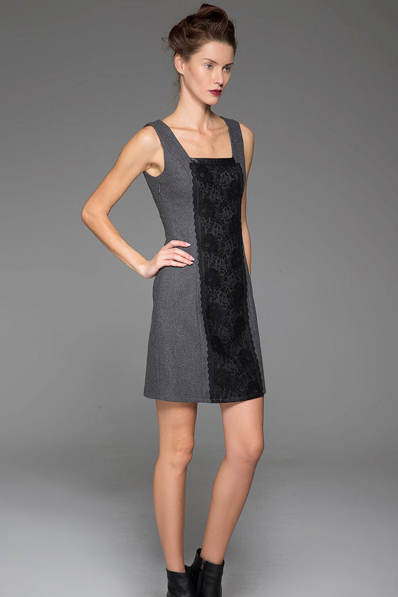 Gray Wool Vest Winter Underwear Dress Warm Vest Dress With Black Lace Stitching (1446)