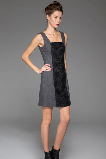 Gray Wool Mini Dress - Black Lace Detail, Slim Fit 1446