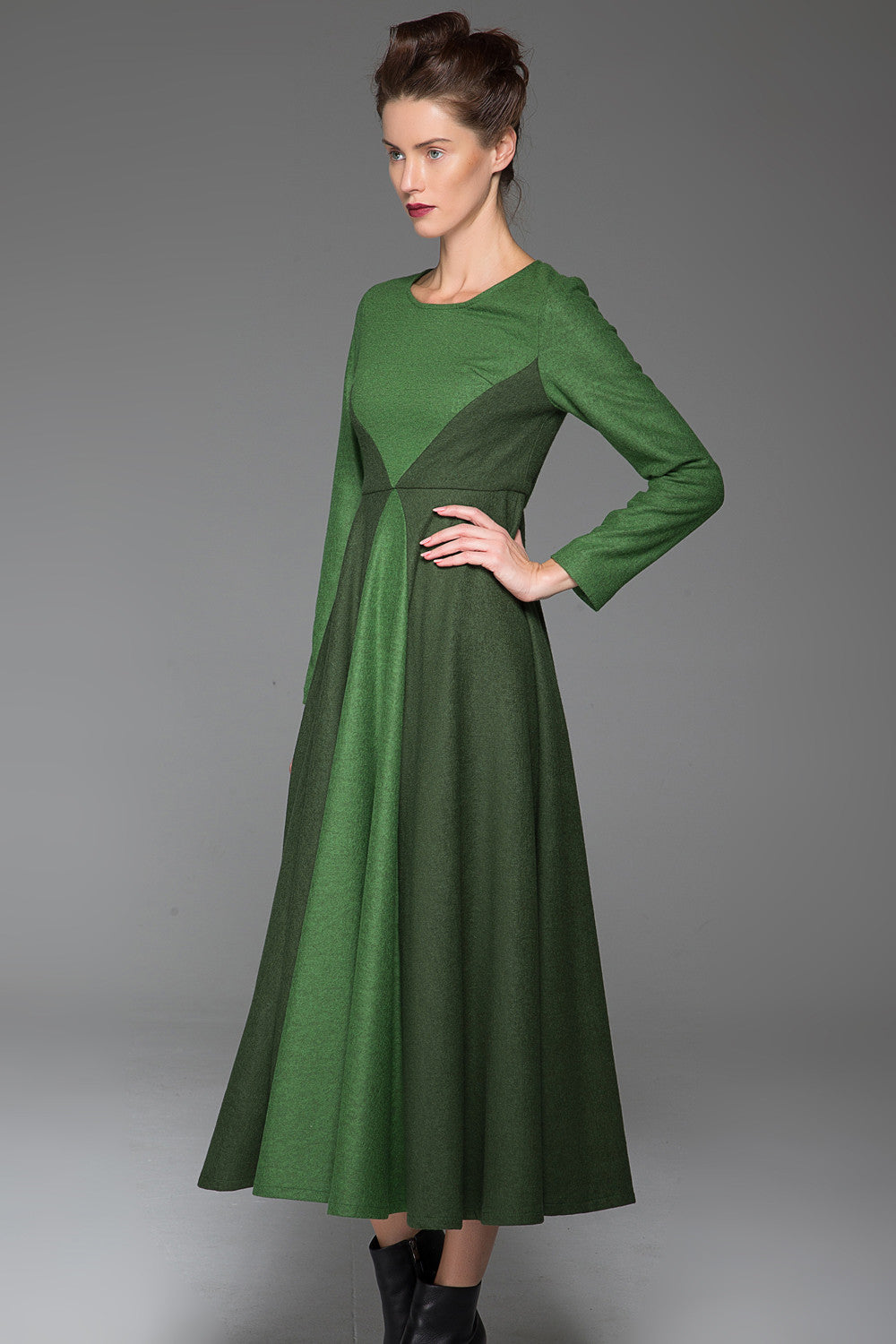 Green Wool Dress Winter Maxi Dress Dark Green Stitching Dress Long Sleeves Dress(1443)