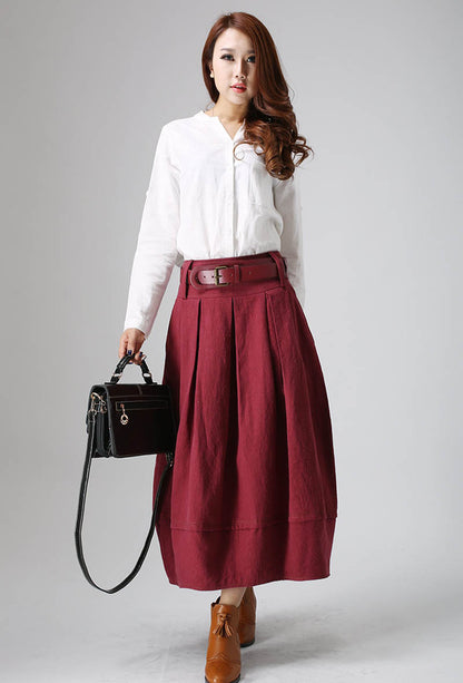 Red Linen Pleated Midi Bubble Skirt - Elegant Textured Silhouette 821