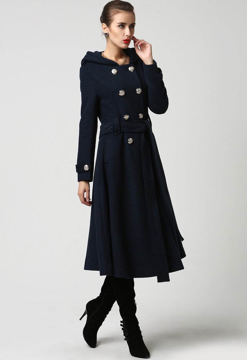 Women's military wool coat with hood  in navy blue 1114#