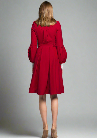 Women’s Red Wool Coat – Handmade Vintage Pleated Winter Dress Coat 1330