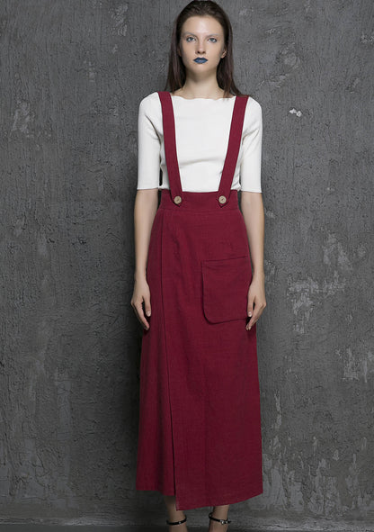 Wine Red Linen Maxi Suspender Pants - Relaxed Fit with Patch Pocket 1327