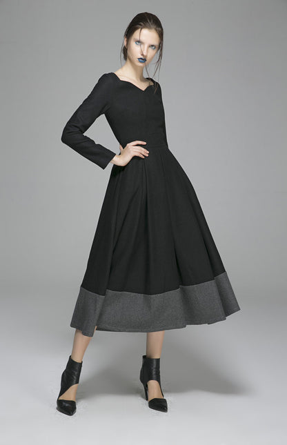 Handmade Wool Winter Dress – Black & Gray Color-Block Midi | Xiaolizi  1359