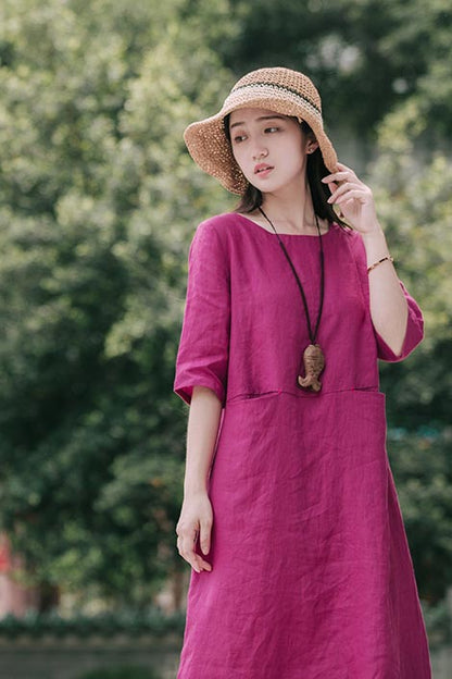 Magenta Linen Midi Dress - Crew Neck with Mid Sleeves CYM377