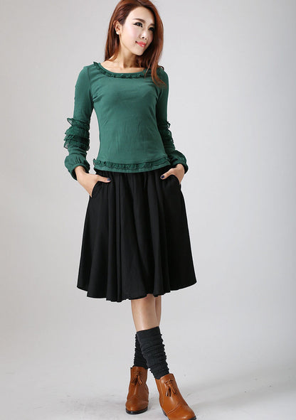 Handmade Black Linen Cotton Skirt – Flowy Below-Knee Summer Skirt | Xiaolizi 776