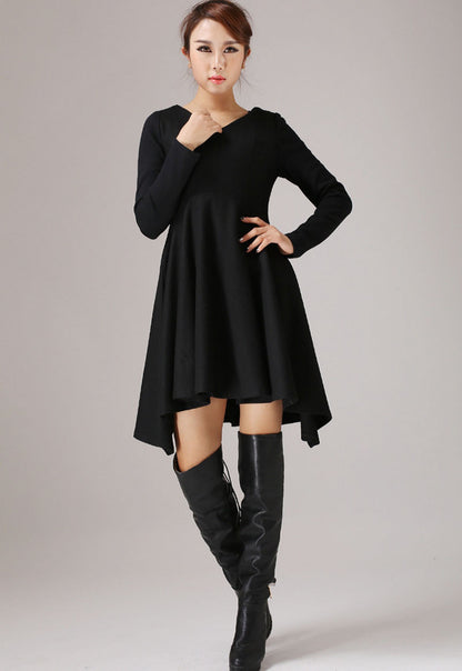 Black Wool Mini Dress - Flared Skirt, V-Neck Long Sleeve 767