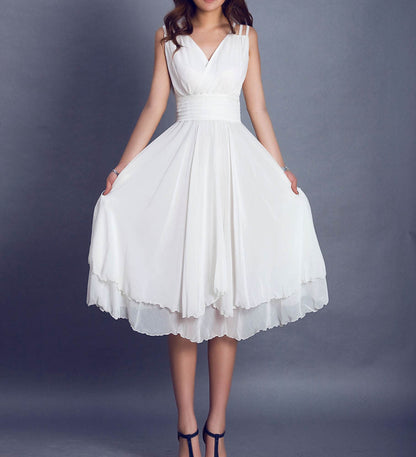 White Chiffon Midi Dress - V-Neck Sleeveless High Waist 99