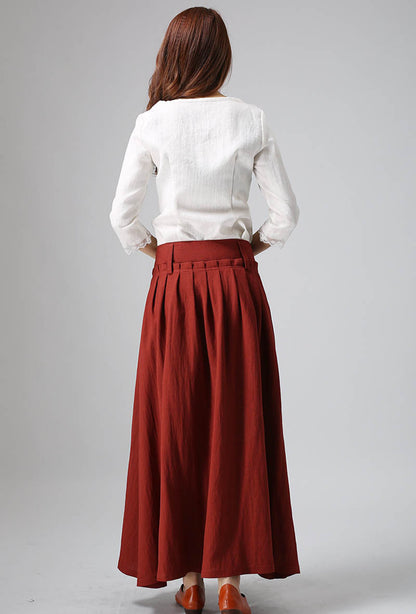 Red Linen Maxi Skirt - Pleated Waist, Ankle Length 816