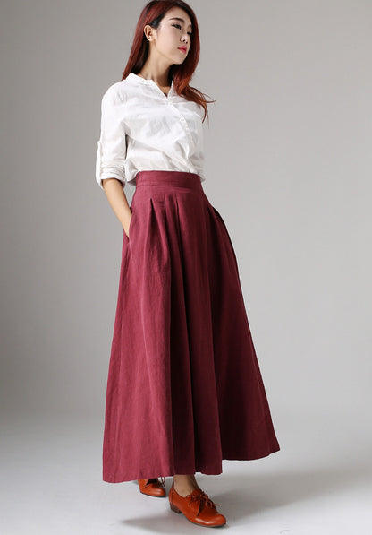 Burgundy Linen Cotton Maxi Skirt - Pleated A-Line with Pockets 1048
