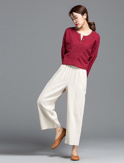White Linen Wide Leg Pants - Elastic Waist, Above Ankle Length 2610