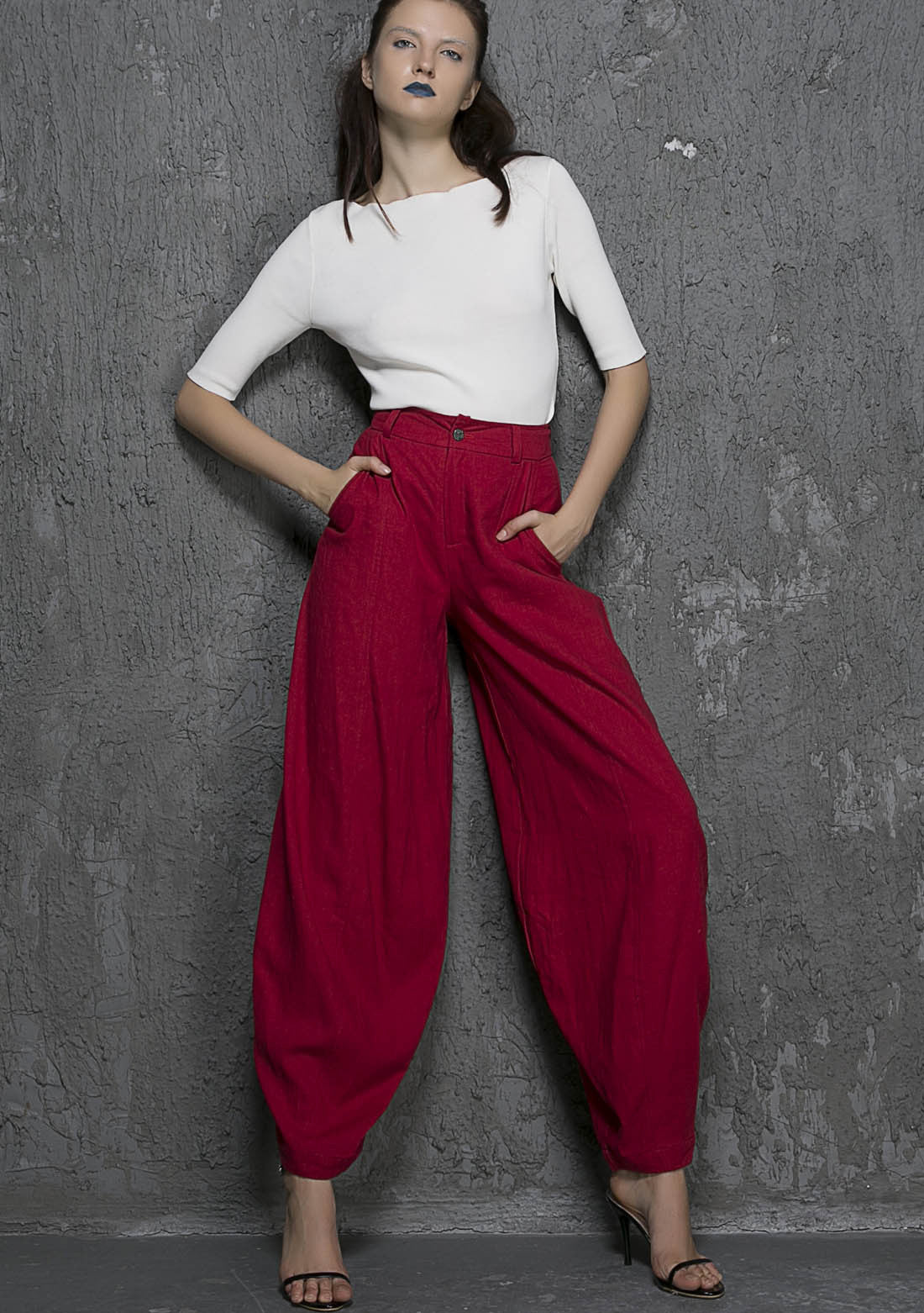 Red linen pants maxi pants women pants 1336#