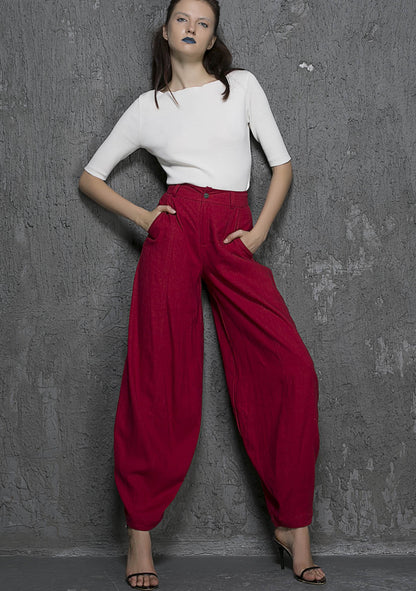 Red Ankle Length Linen Cotton Tapered Pants 1336