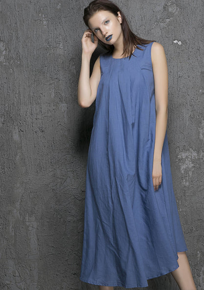 Blue Linen Maxi Dress - Sleeveless Flowing Summer Style 1329