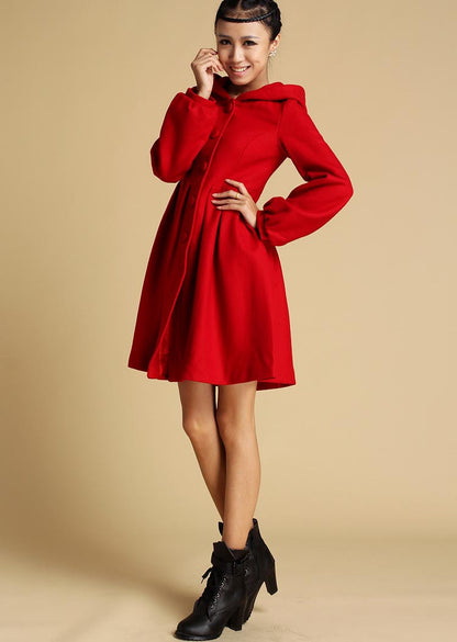 Red Hooded Wool Coat – Single-Breasted Winter Short Coat with Pockets | Xiaolizi  0333