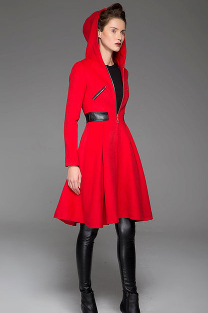 Vintage Wool Coat for Women – Handmade Red Hooded Swing Winter Coat with Zipper | Xiaolizi 1424