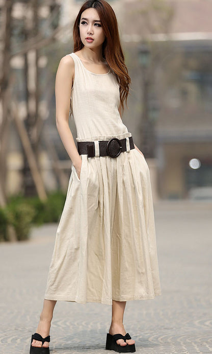 Beige Linen-Cotton Sleeveless Maxi Dress - Pleated Drop Waist 931