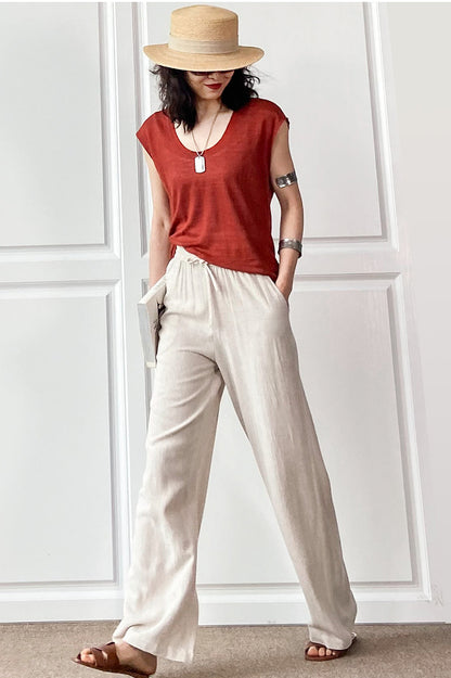 Elastic Waist Women Cotton Linen Casual Pants 3497