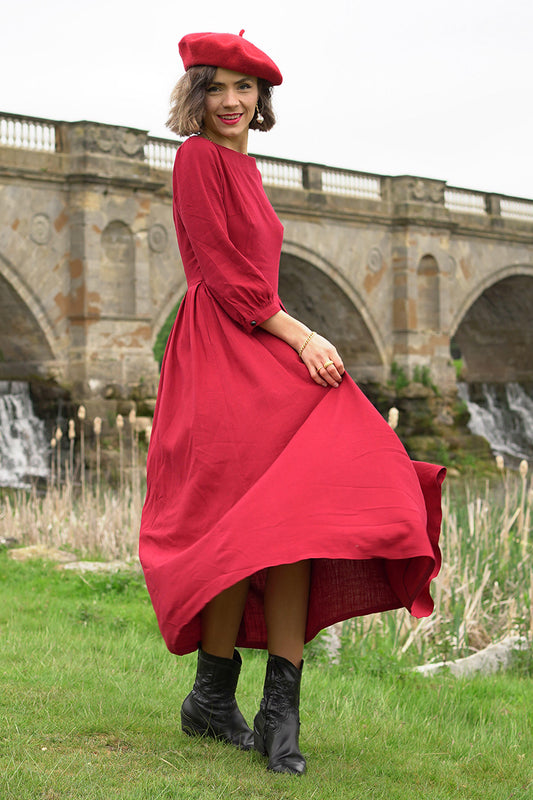 Women A Line Red Pleated Maxi Linen Dress 3576