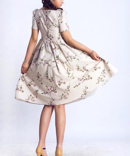 Floral Linen Cotton Midi Dress - A-Line Scoop Neck | Xiaolizi 139