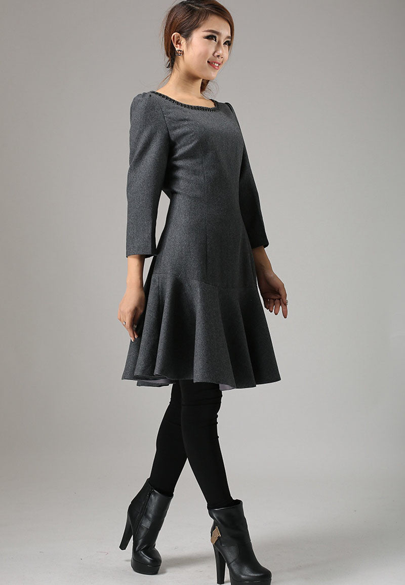 Gray dress wool dress mini women dress 0746#