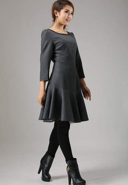 Gray Wool Mini Dress - Drop Waist Pleated Skirt 746