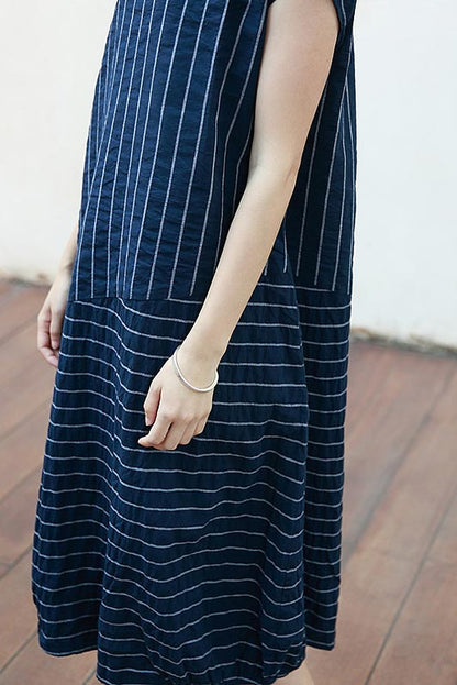 Navy Cotton Dress - Casual Short Sleeve with Thin Stripes CYM313