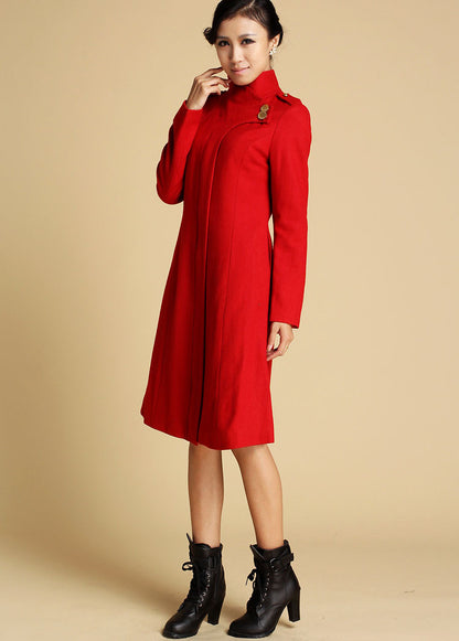 Vintage Wool Coat for Women – Handmade Red Military Style Midi Winter Coat with Sculpted Collar | Xiaolizi 0343