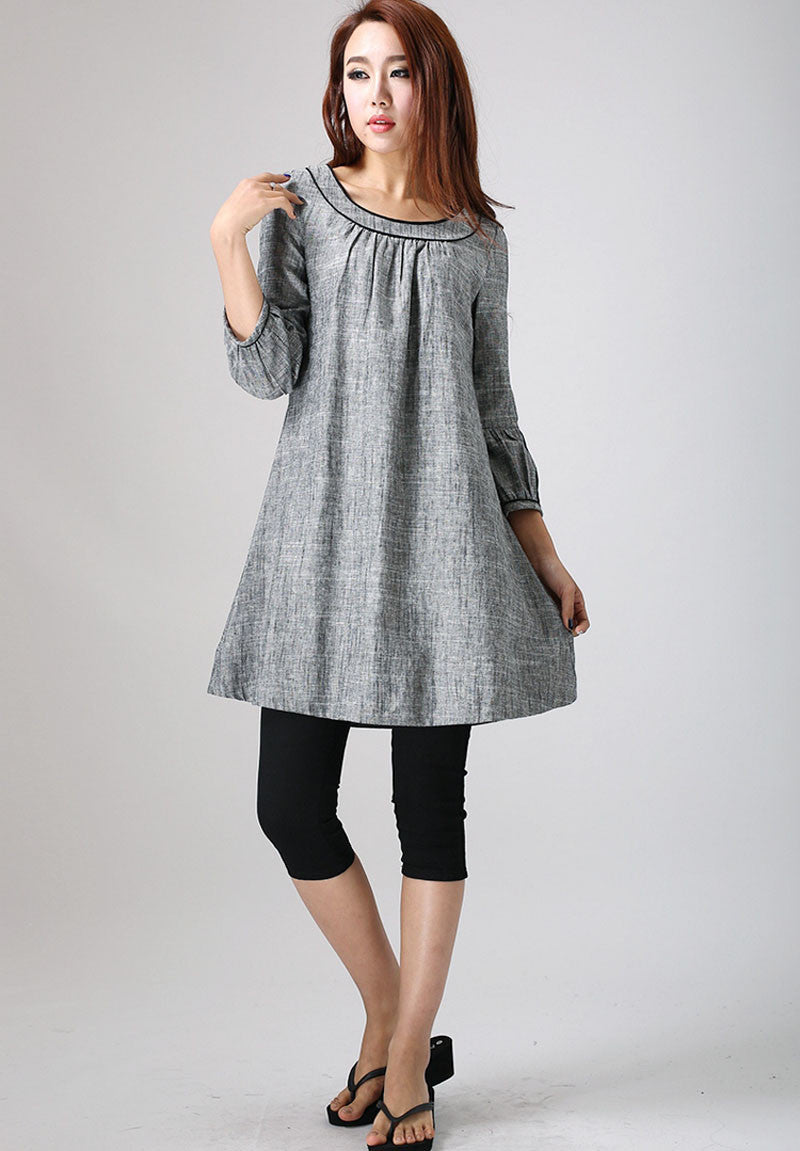 Grey Linen Cotton Tunic Dress Womens Loose Fit Long Sleeve Casual Dress 0783 Grey / XS Grey Linen Cotton Tunic Dress Womens Loose Fit Long Sleeve Casual Dress 0783 Grey / XS